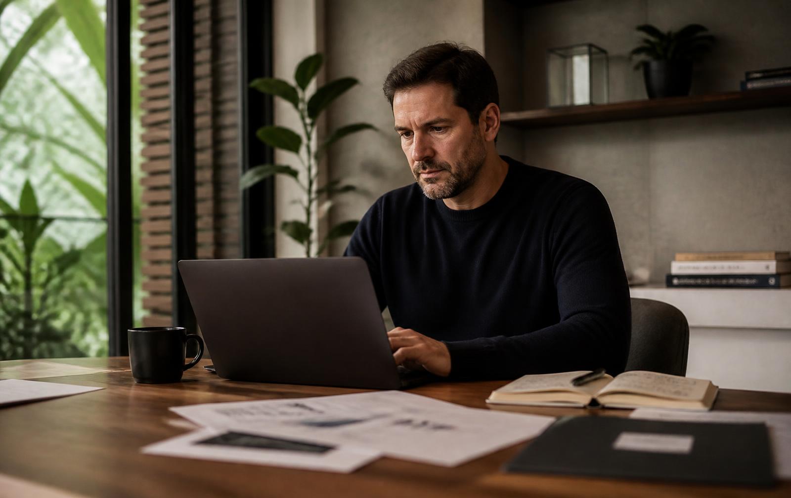 Empreendedor pesquisando oportunidades de negócio no notebook